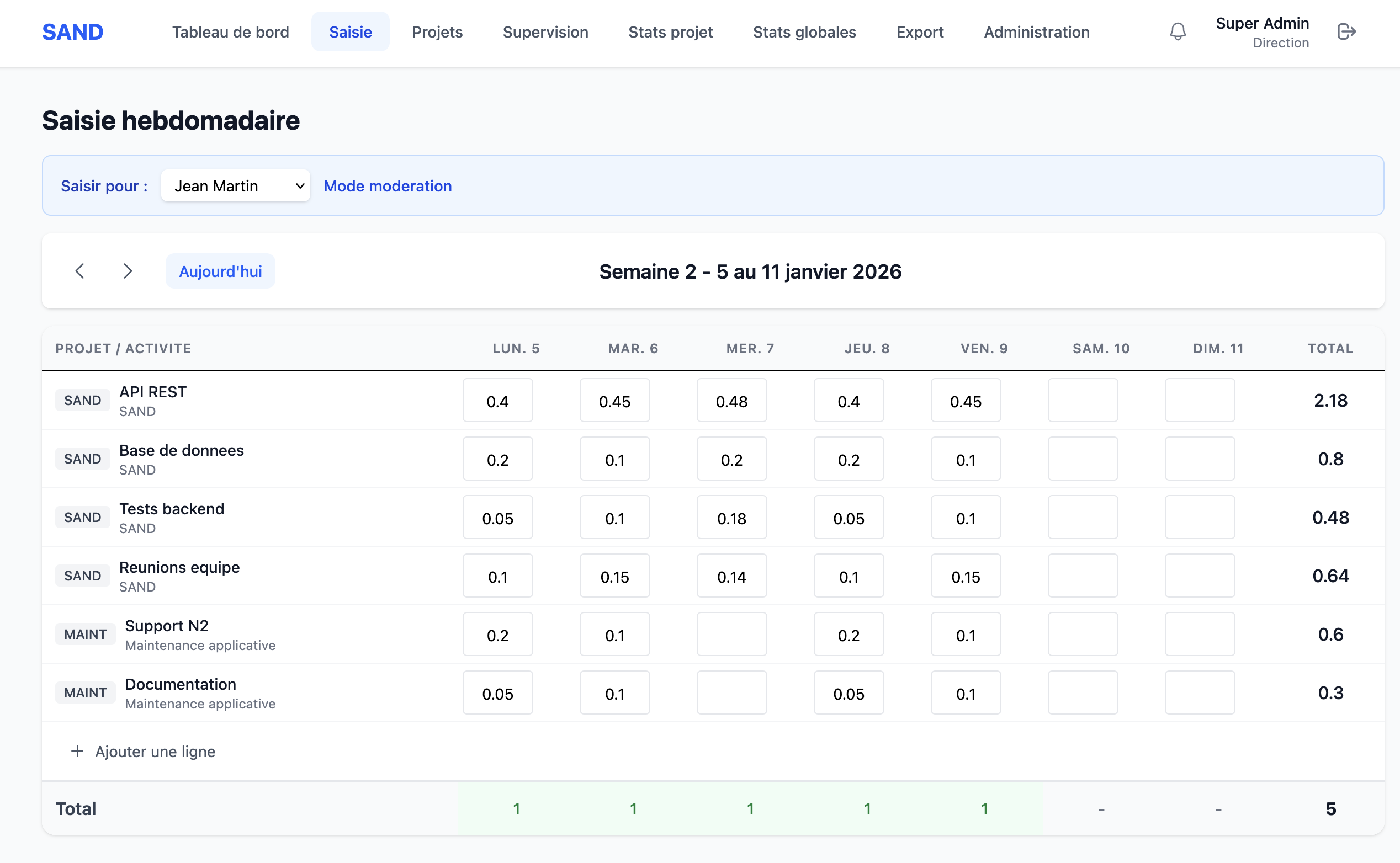 SAND — Saisie hebdomadaire